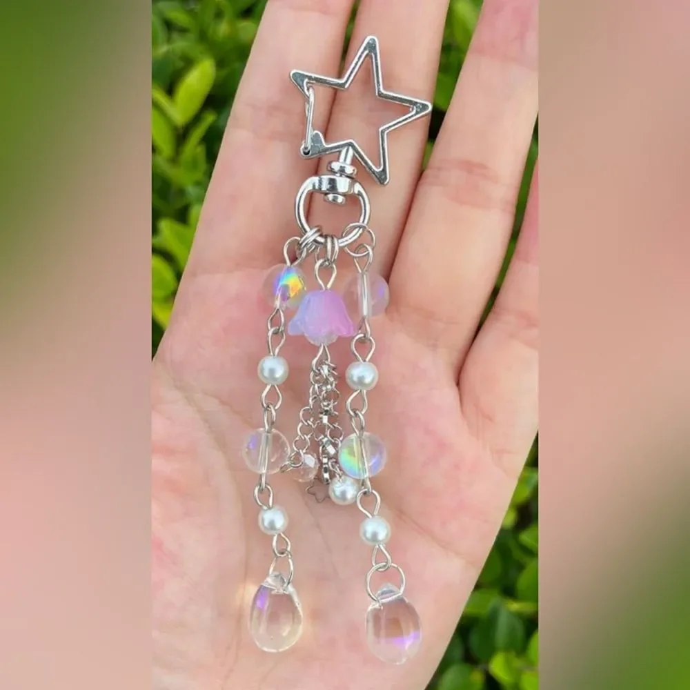 Pink jellyfish and Silver Star Beaded Keychain